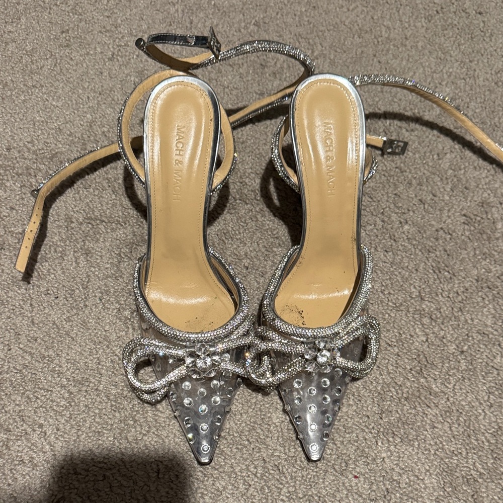 MACH & MACH Silver Heels with Rhinestone Bow
